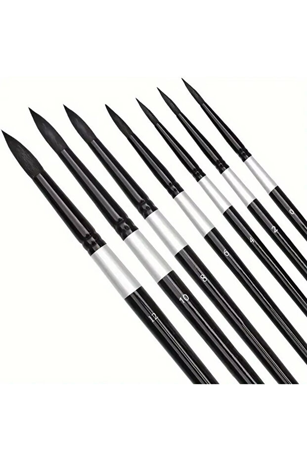black 7pcs Round Squirrel Hair Paint Brush Set for Watercolor, Inks, Gouache & Tempera, Professional