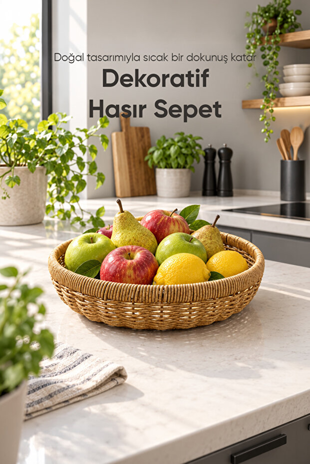 Round Wicker Basket Decorative Woven Serving Presentation Bread Fruit Basket 31 cm Natural Brown Design