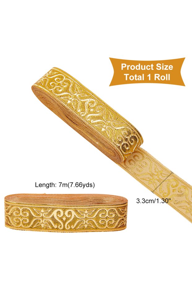AECH09-02849 7.7Yards Gold Jacquard Ribbon Trim 1-1/4 Inch Wide Boho Woven Trim Ethnic Floral Ribbon