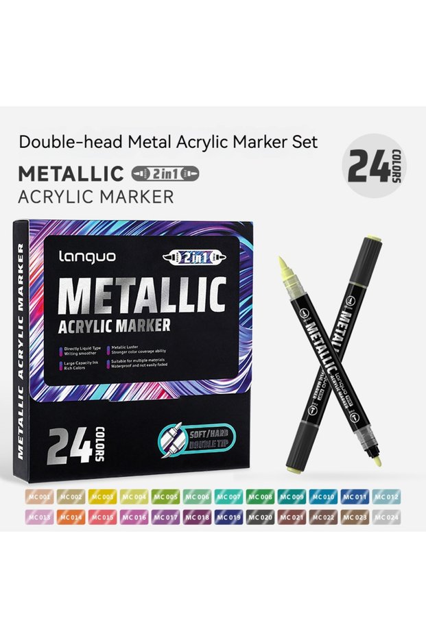 24Colors Languo Dual Tip Metallic Acrylic Marker Pen Set Student Rock Scale Model Painting DIY Graff