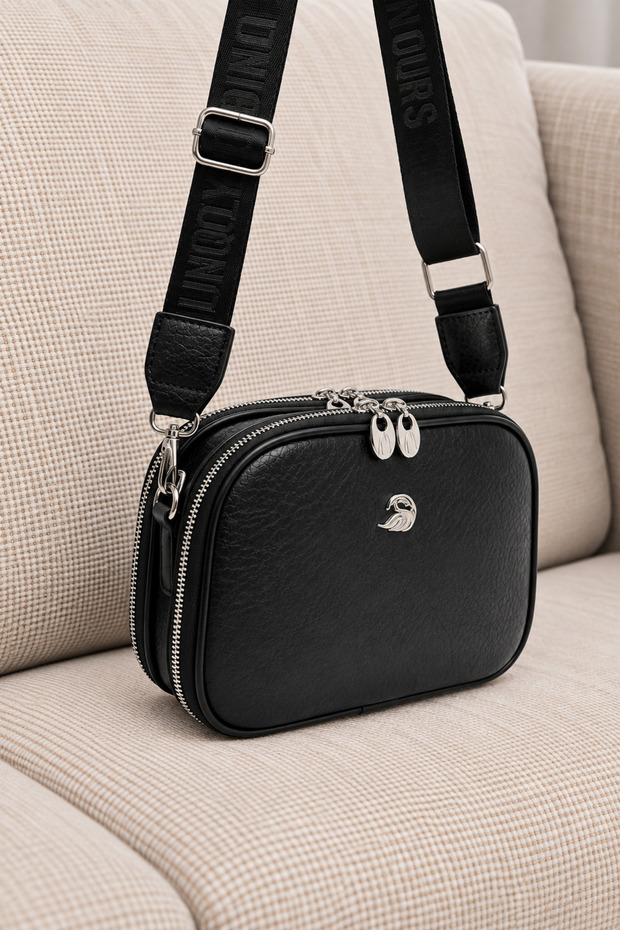 Women's Black Multi-Compartment Cross Shoulder Bag with Adjustable Strap Daily Use Zipper Bag