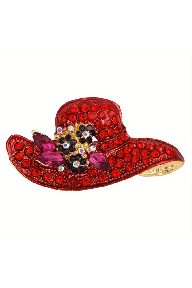 Red Vintage Rhinestone Hat Luxury Brooches for Women Classic Straw Cap Drop Oil Brooch Pin Clothing
