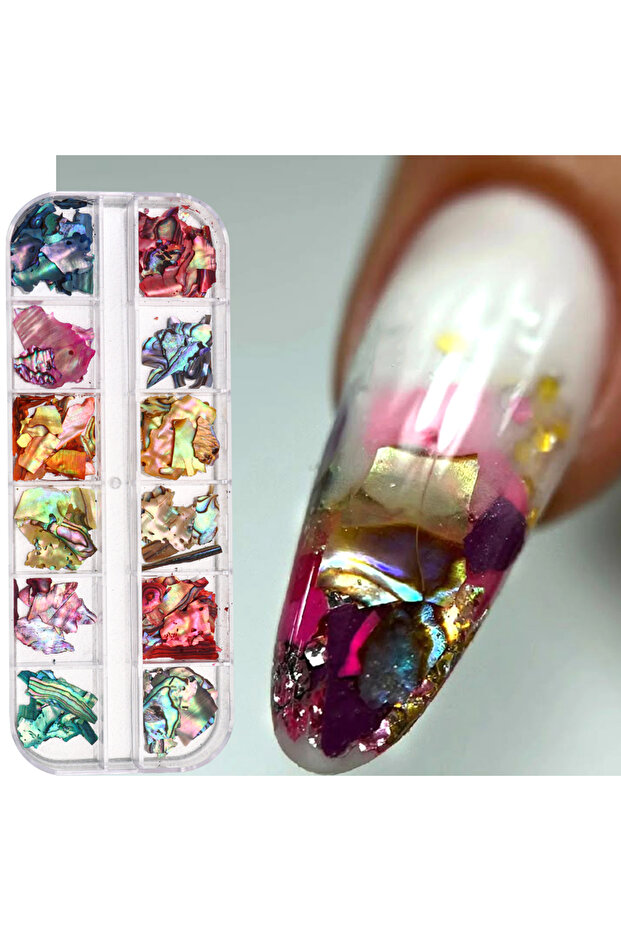 S-075-02 12 Grid Glitter Shiny Abalone Shell Flakes For Nail Art Decoration 3D Charms Sea Shell Slic