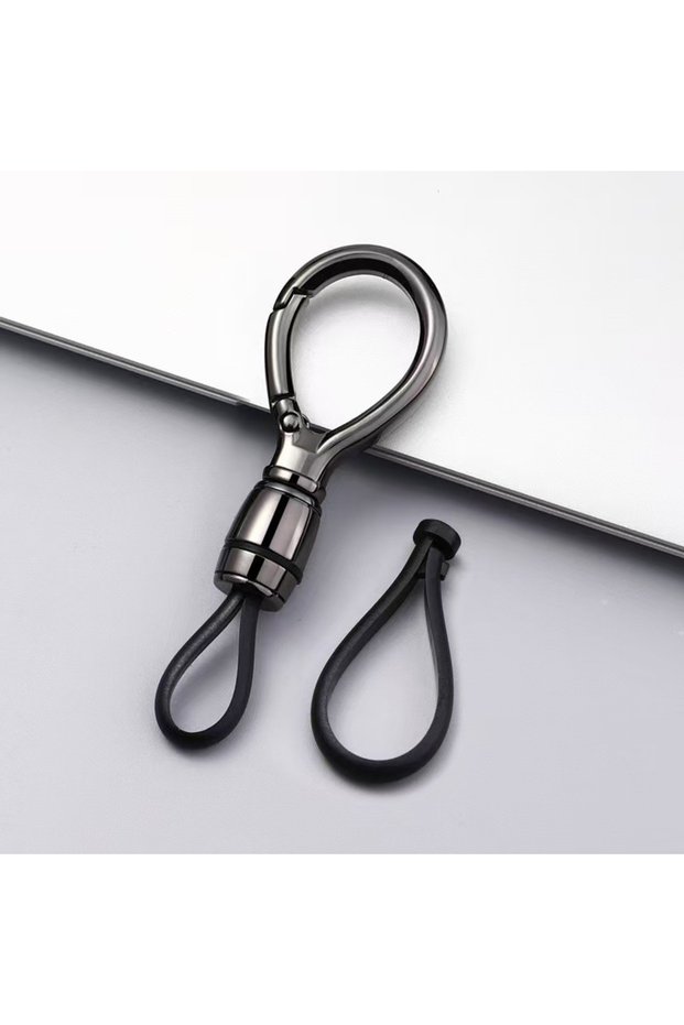 Oval gun color Men High-End Metal Keychain Simple Car Key Chain with Waist Hook Anti-Lo Leather Rope
