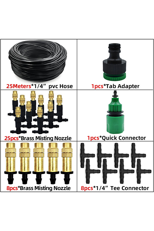 KIT001-25M 5M-30M Outdoor Misting Cooling System Garden Irrigation Watering 1/4'' Brass Atomizer Noz