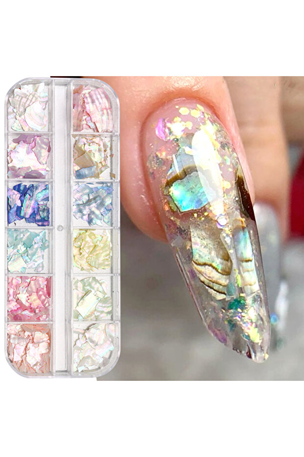 S-075-01 12 Grid Glitter Shiny Abalone Shell Flakes For Nail Art Decoration 3D Charms Sea Shell Slic
