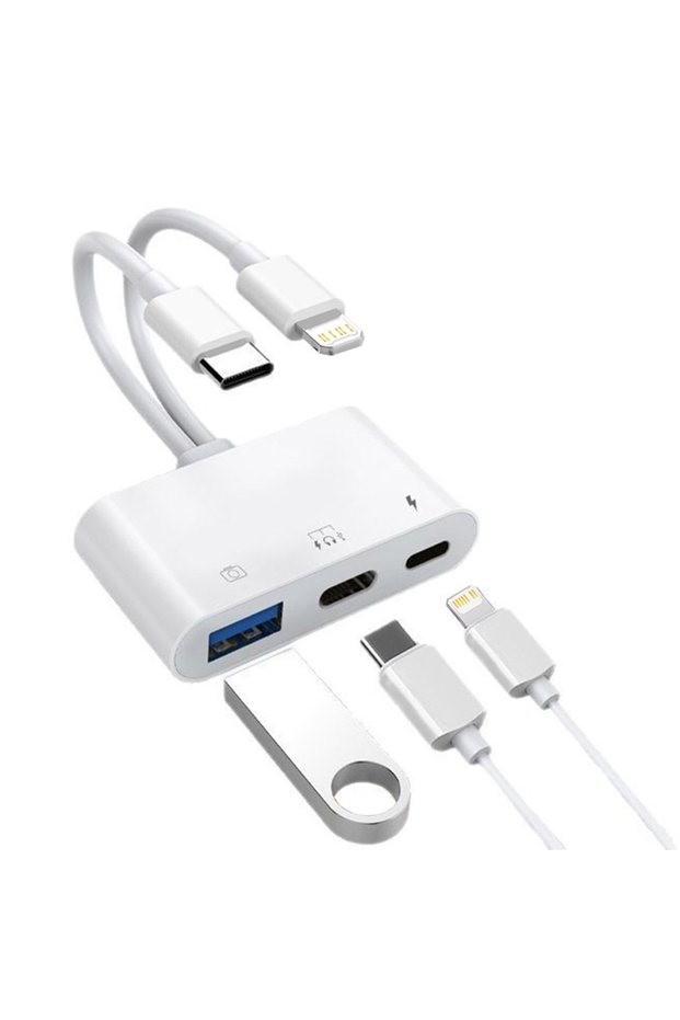 White 2 in 1 Lightning Type C to USB OTG Camera /USB-C Headphone Aux Splitter Adapter Converter Dong