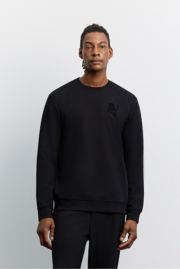 Men's Black Crew Neck Printed Cotton Regular Fit Sweatshirt A62Y1273