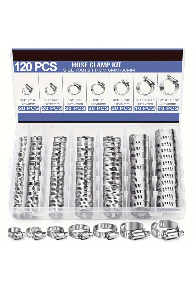 120pcs 120pcs Stainless Steel Hose Clamps Assortment Kit 1/4''–1-1/2'' Worm Gear Clamps For Fuel Lin