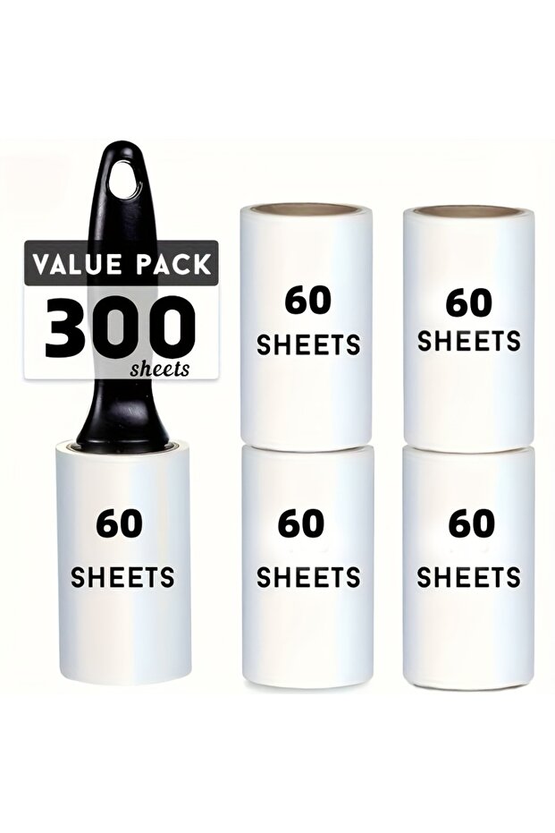300 Sheets Extra-Sticky Lint Roller for Pet Hair Removal 60 Sheets/Roll,Ideal for Dog & Cat Owners,P