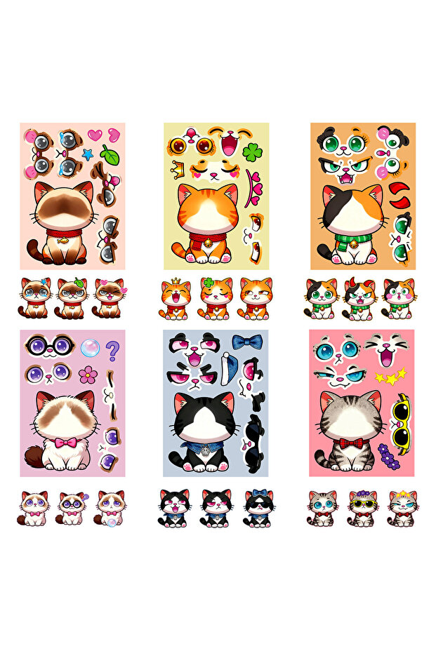 6pcs x2 6/12 Pcs Large Cartoon Cat Full Body Make A Face Stickers DIY Brain Game for Fridge Statione