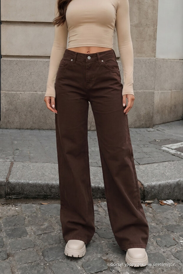 High Waist Wide Leg Brown Palazzo Jeans