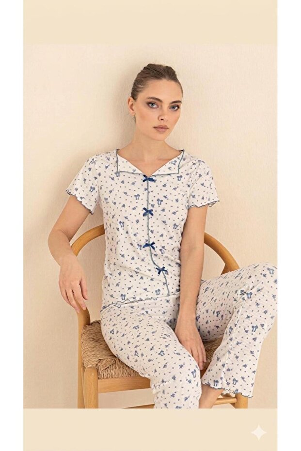 Çağrı Women's 100% Cotton Ribbed Short Sleeve Buttoned Front Pajama Set