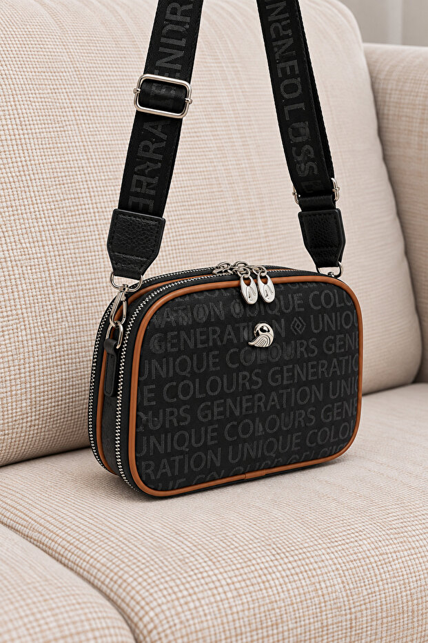Women's Black-Tan Written Multi-Compartment Crossbody Shoulder Bag with Adjustable Strap for Daily Use Zippered Bag