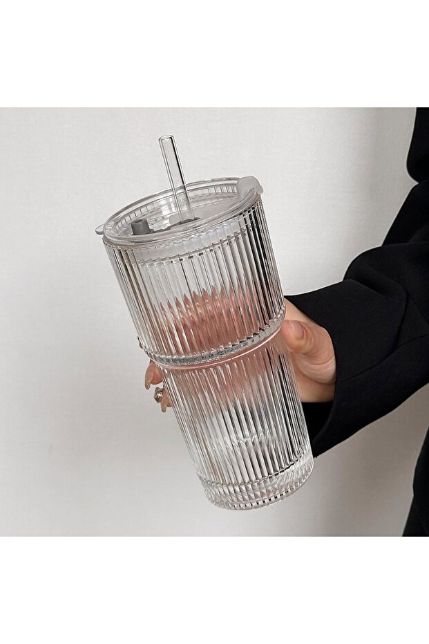 600ML 1PCS Large Capacity Stripe Glass Coffee Cup With Lid Cover Straw Transparent Drinking Glasses