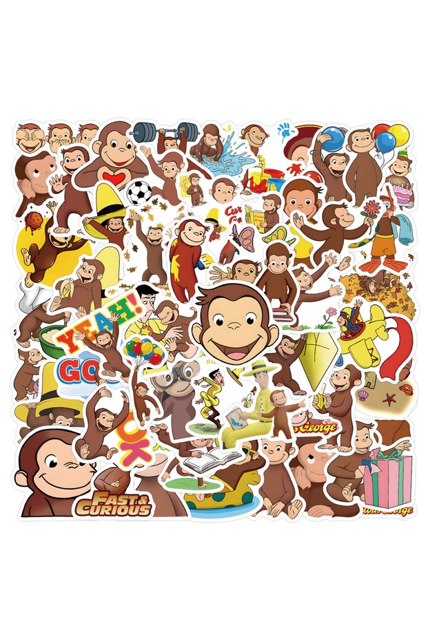 Multicolor 60Pcs Cute Curious George Stickers Monkey Vinyl Waterproof for Laptop Phone Case Notebook