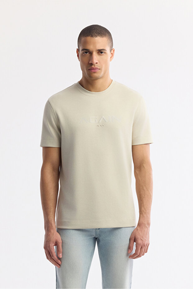 Men's Beige Crew Neck Printed Bi-Stretch Interlock Regular Fit T-Shirt A51Y1132