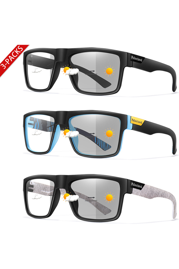 AE7-8-9 3-Pairs Classical Square Photochromic Sunglasses Outdoor Sports Cycling Running Driving Men