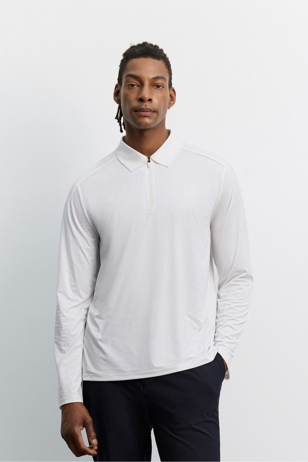 Men's White Polo Collar Buttoned Technical Fabric Long Sleeve Basic Regular Fit T-Shirt A62Y1015