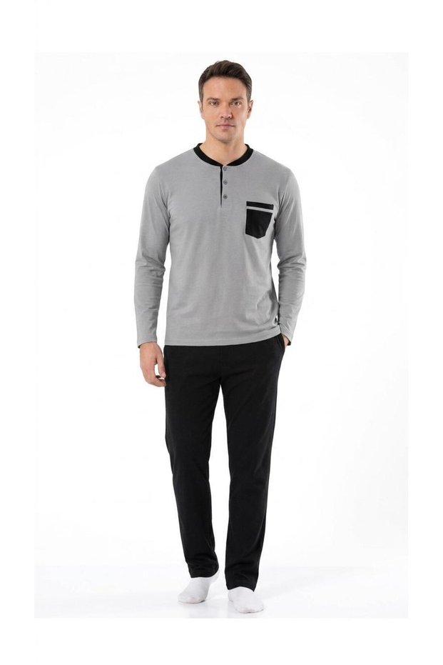 Pijamoni Men's %100 Cotton Combed Transitional Long Sleeve Pajama Set 6840