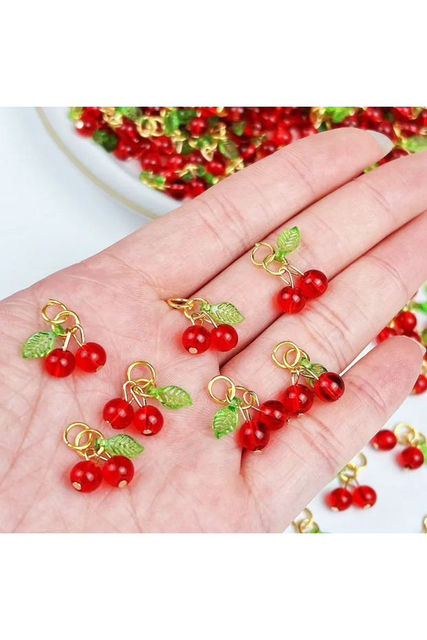 10pcs 10pcs Red Cherry Charms Cute Glass Red Fruit Pendants with Loop DIY Jewelry Making Accessories