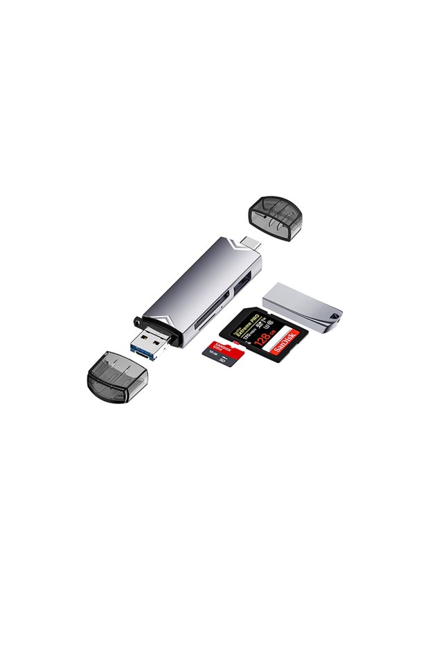 قارئ بطاقات متعدد الوظائف 6 في 1 من النوع C فضي اللون، محول USB عالي السرعة لبطاقات TF/SD لنقل البيانات