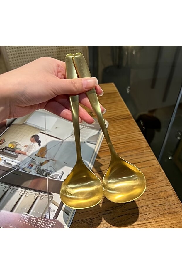 2pcs 2pcs Golden Stainless Steel Large Spoons, for Hot Pot, Soup, Porridge - Long Handles, Elegant K