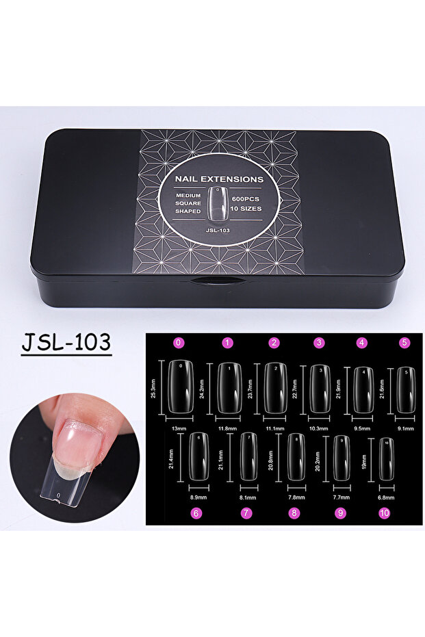 JSL-103 Black Box 600pcs/Box Transparent False Nail Tips Full Cover Long Coffin Stiletto Almond Squa