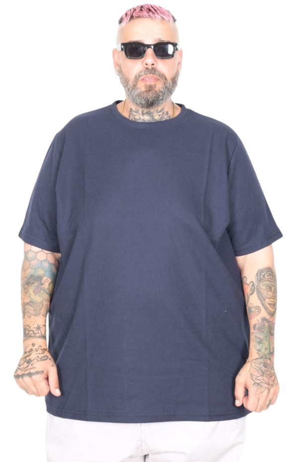 Plus Size Waffle Textured Crew Neck T-Shirt 20033 Navy Blue