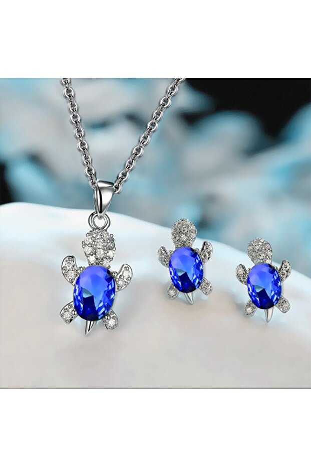 Blue 3pcs Silver-plated Necklace Earrings Set Ladies Light Luxury Fashion Style Turtle Shape With Mu