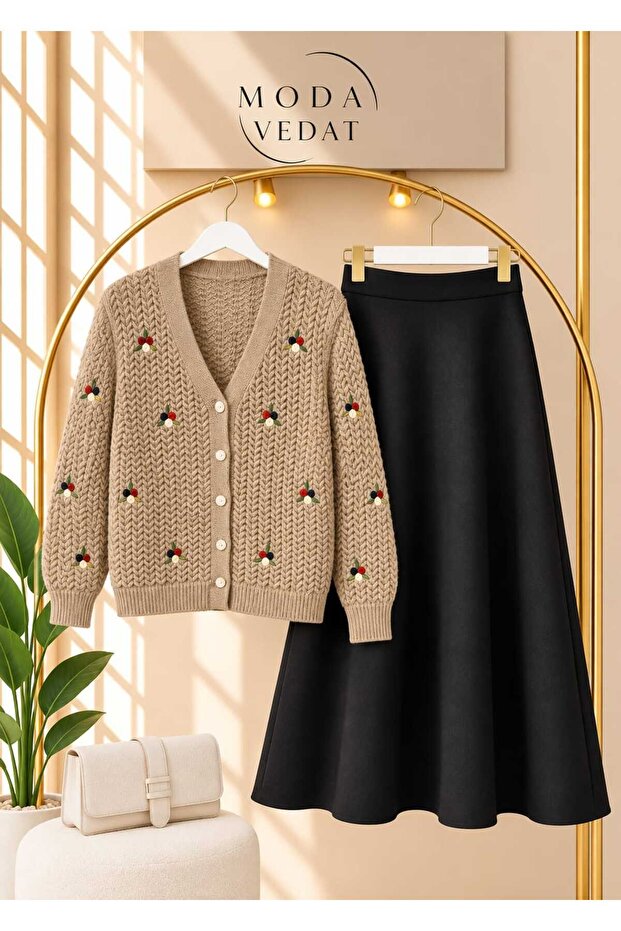 Women's Floral Embroidered Knitted Cardigan and Skirt Set -440