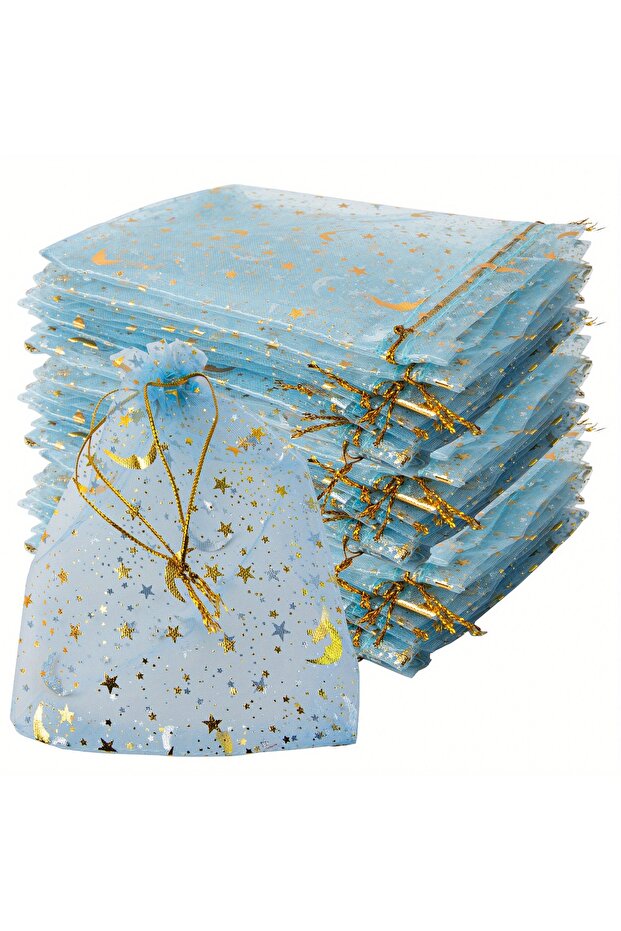 9x12cm-3.5x4.7in LightBlue-50PCS 50PCS Light Blue Moon Stars Drawstring Organza Bags Jewelry Gift Ba