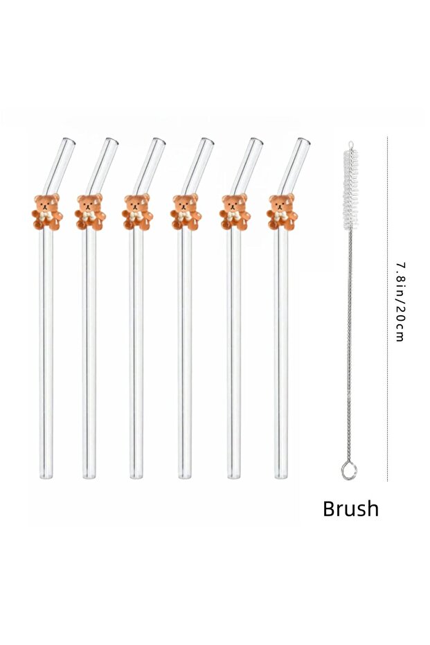 Clear 6Straws 1Brush 1/5/7PCS Bear Glass Straw Set, Reusable Bent Straws for Milk Tea Cocktails Iced