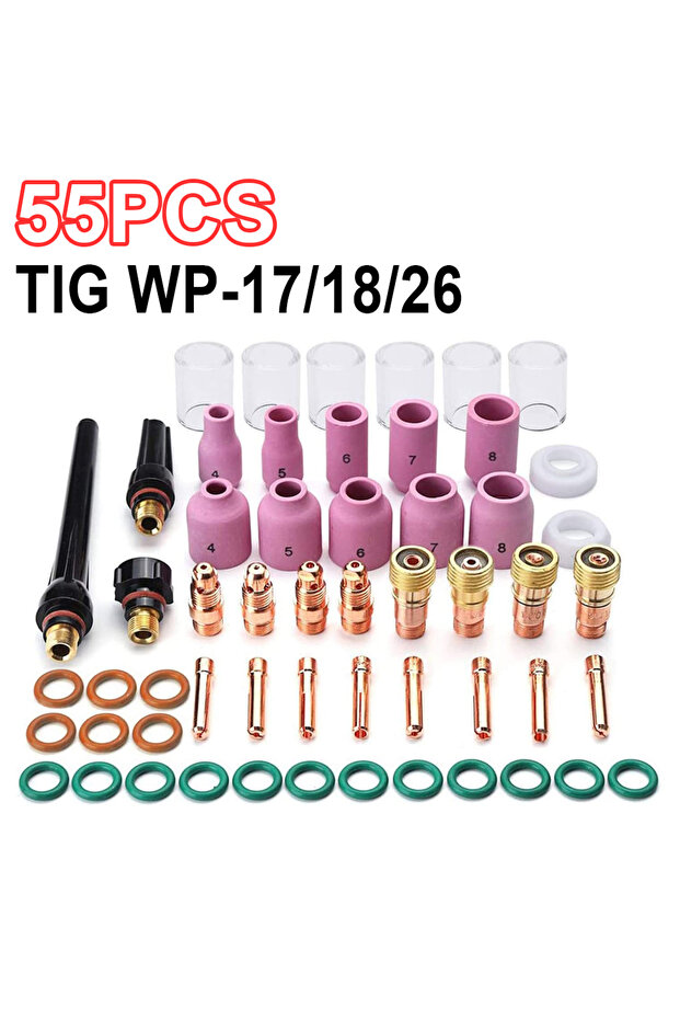 55pcs 55pcs TIG Welding Torch Nozzle Ring Cover Gas Lens Glass Cup Kit TIG WP-17/18/26 High Temperat