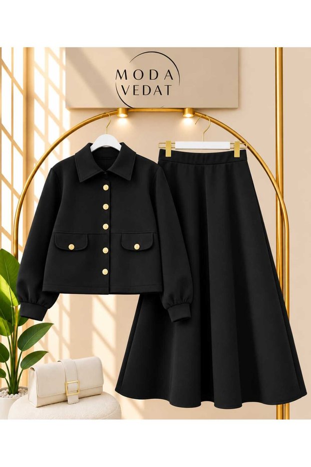Women's Gold Button Scuba Fabric Skirt Set -0580