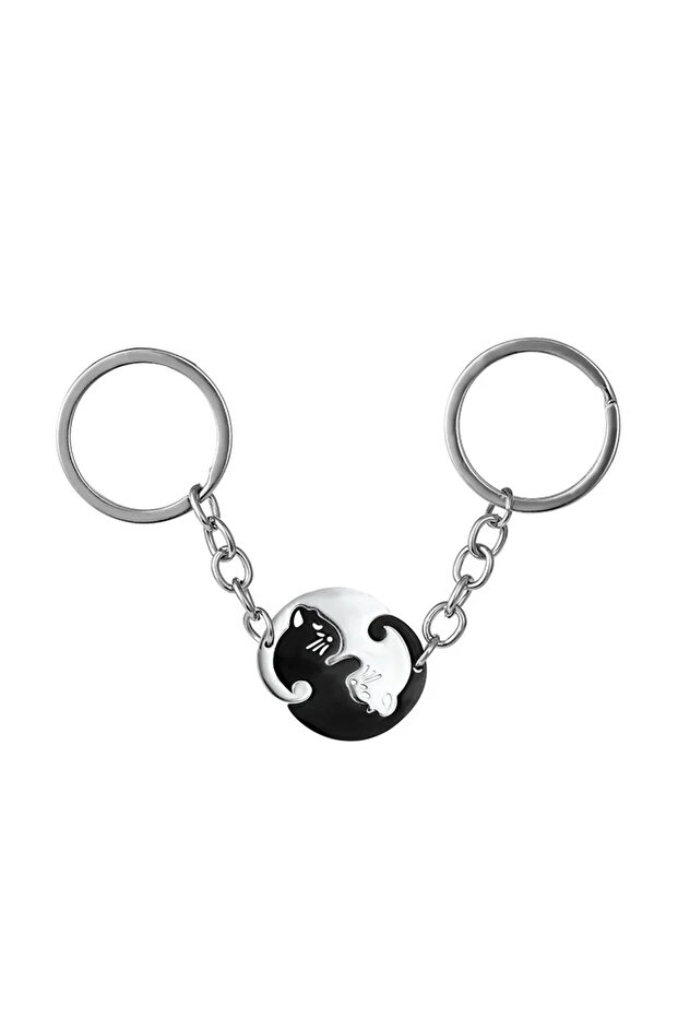 Bundle1 AYSK019 Small Item Portable Stainless Steel Keychain Heart-shaped Splicing Cat Yin