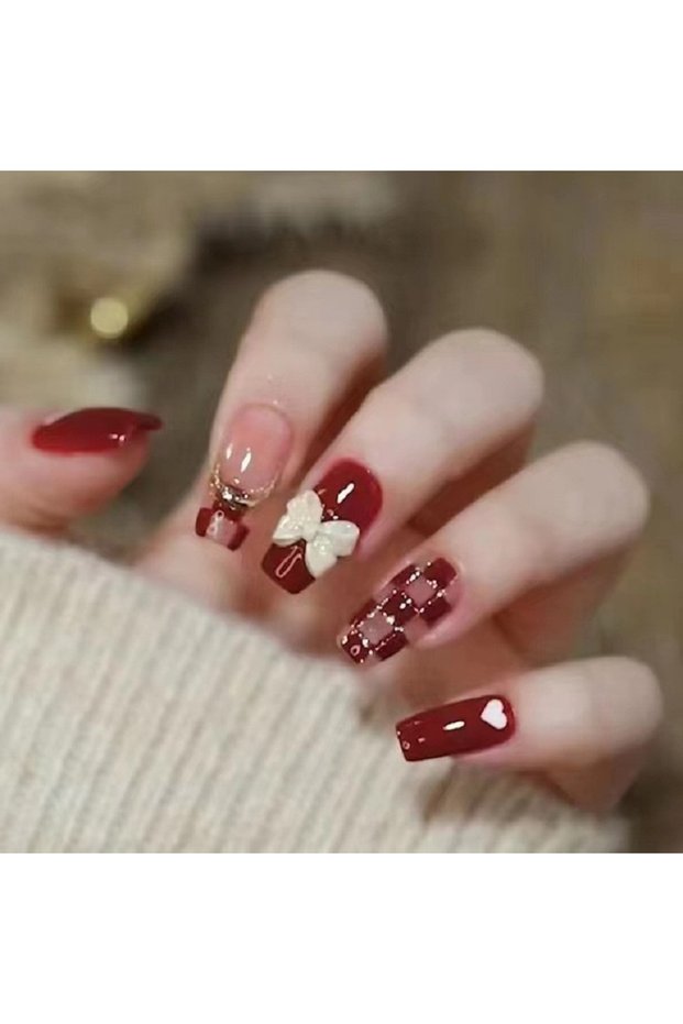 Red 24PCS/1BOX Red Bow Gold Powder Checkerboard Fake Nails