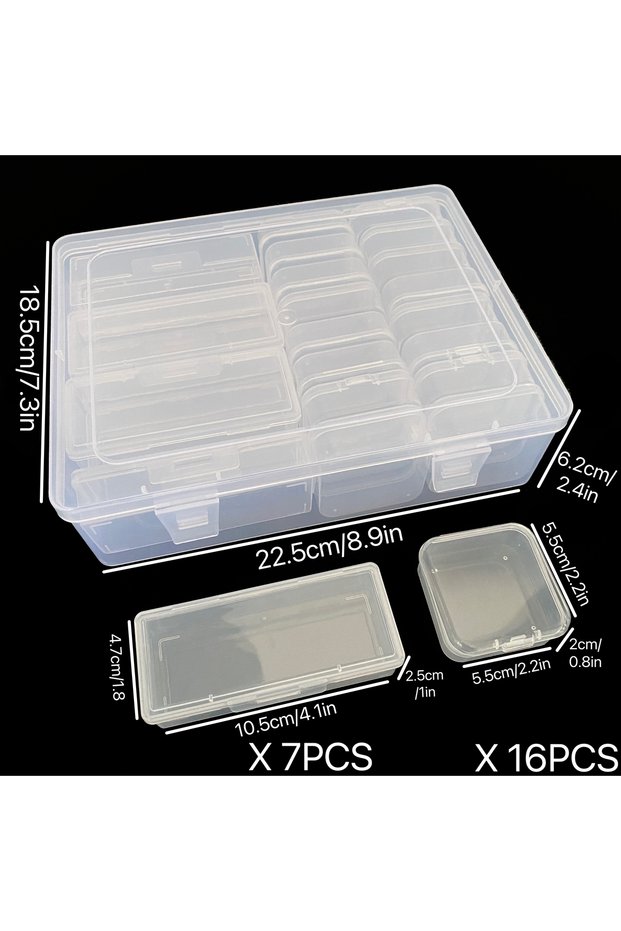 23GH16G5.5H7G105H 1 set of 7 large rectangular boxes+16 small square boxes for storing beads, transp