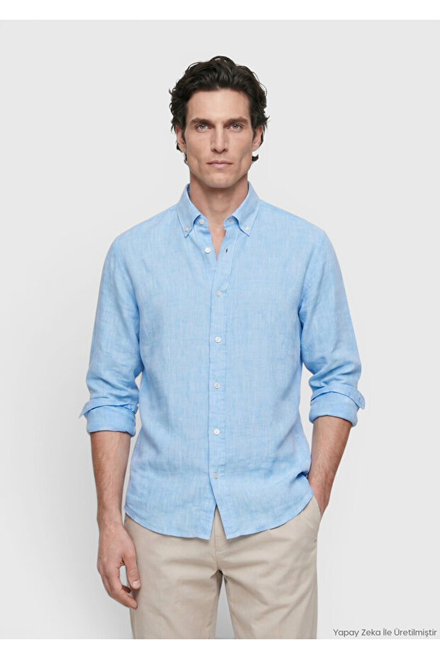 Turquoise Plain Casual Fit Long Woven Casual 100% Linen Shirt