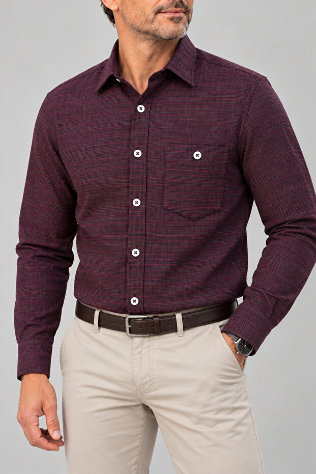 Men's 100% Cotton Shirt Relaxed Fit Single Pocket Long Sleeve Buttoned Bottom Collar 4 Seasons