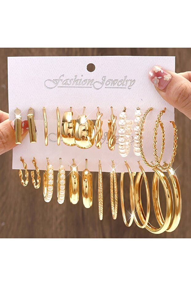 Golden3-24pcs Fashion Geometric Hoop Earring Twisted Pattern Multi-Element Inlaid Imitation Pearl C-