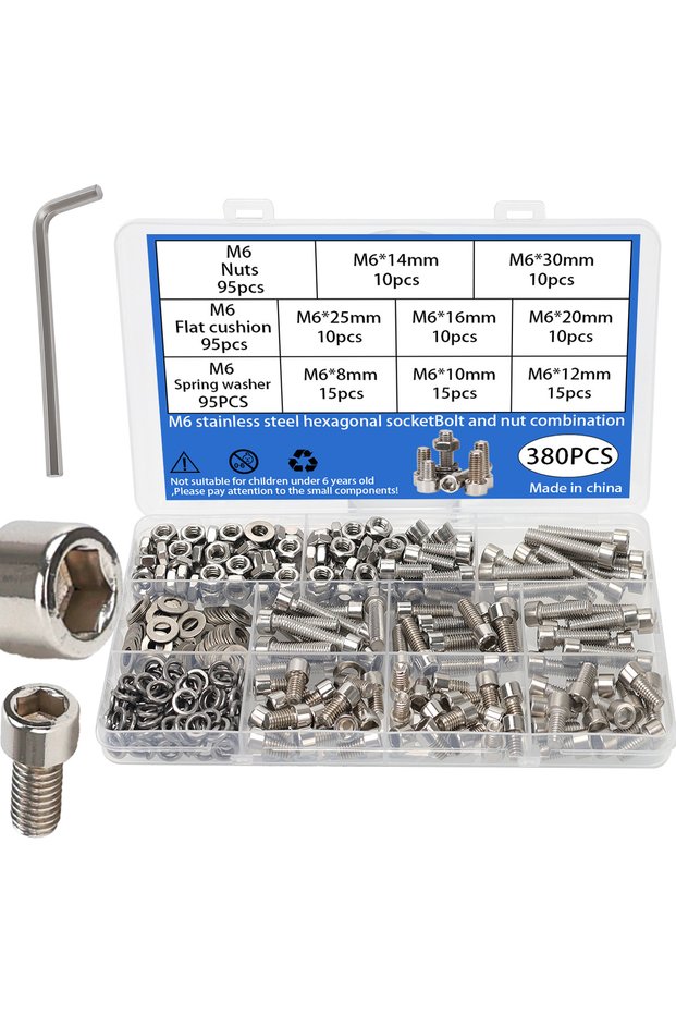 M6-380pcs 600pcs Stainless Steel Hex Socket Head Nuts and Bolts Set - M3, M4, M5, M6 Cup Head Hex So