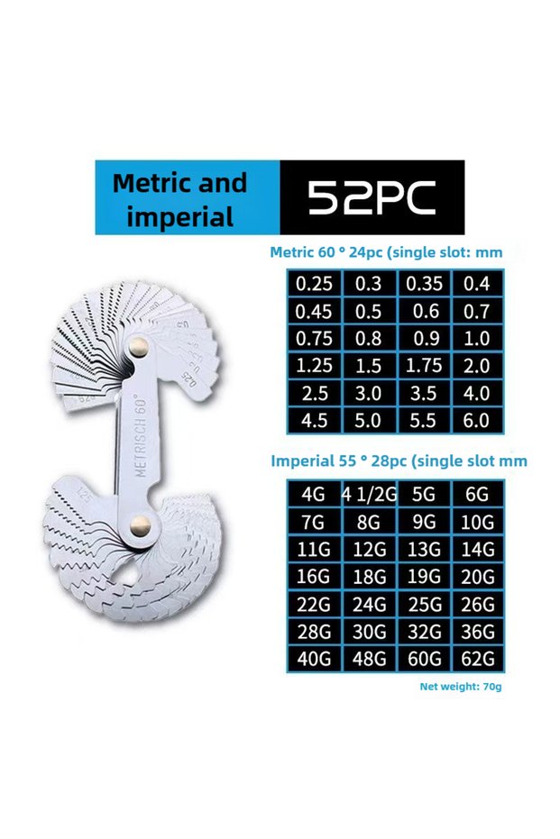 Inch and metric 52PC 55/60 Degree Metric Inch Thread Plug Gauge Gear Tooth Screw Pitch Gauges Measur