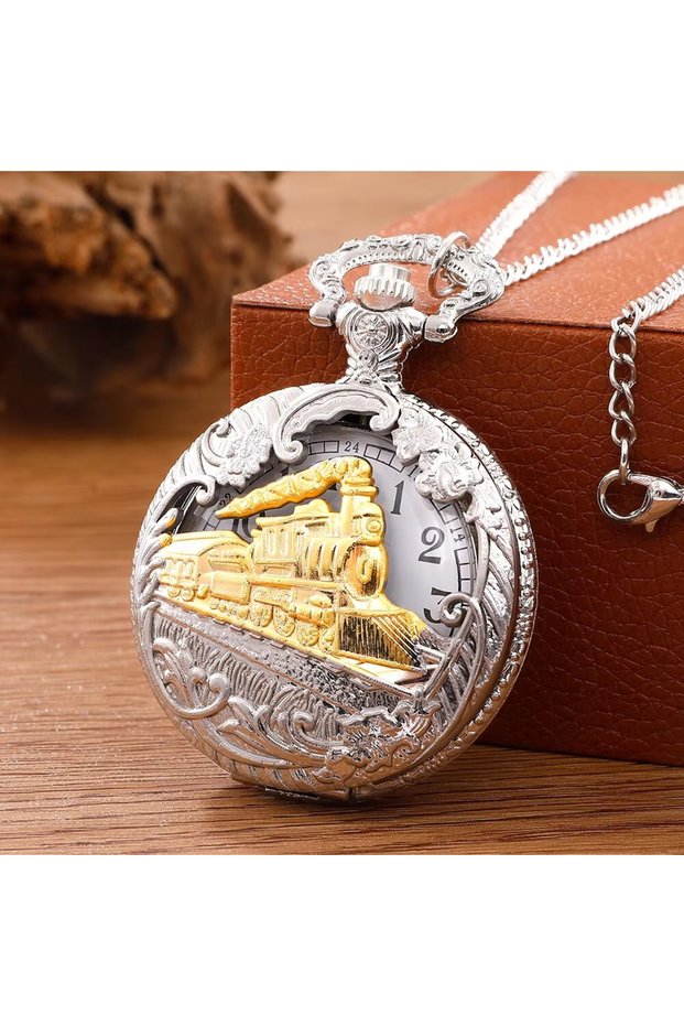 silver Classic Antique Steam Train Design Pocket Watch with Chain Necklace Vintage Quartz Pendant Wa