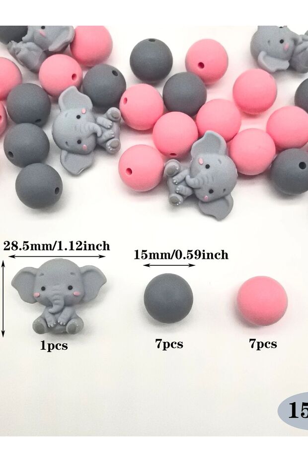 15pcs 15pcs Silicone Beads Set - Cute Elephant & Round Shapes, Pink & Gray - Ideal for DIY Jewelry,