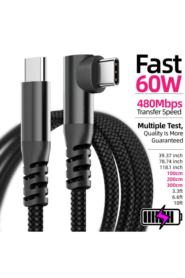 Type-C to Type-C 2m black 60W Fast Charging C to C Elbow Data Cable 1m 2m 3m Compatible with Apple 1
