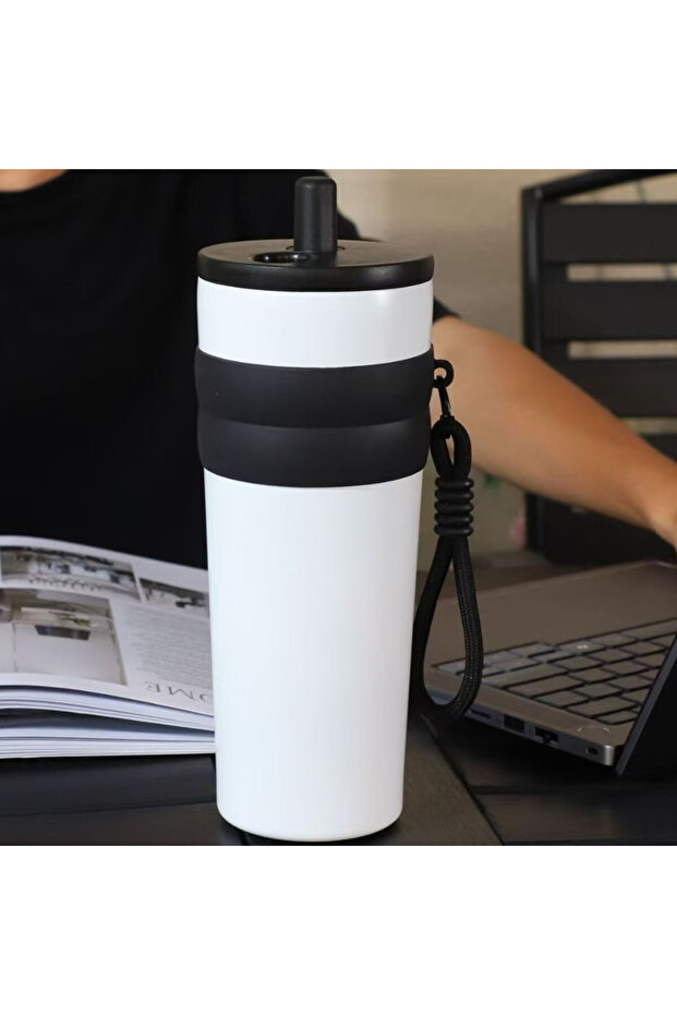 One size White thermos 700ml/23oz Travel Thermos with Straw and Leak-Proof Lid, Stainless Steel Meta
