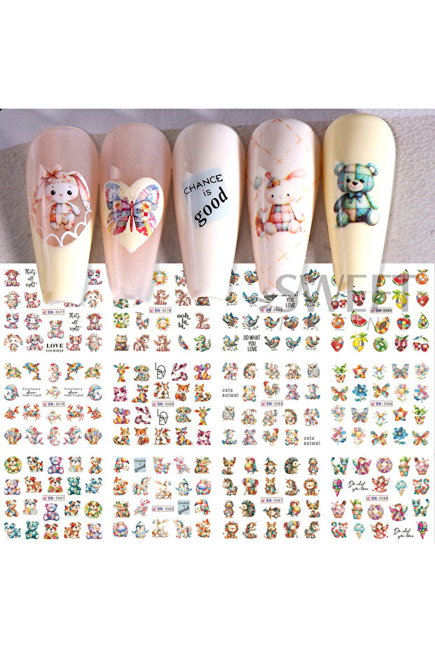 BN3577-3588 12 Design Ink Flowers Water Transfer Nail Stickers Decals Patchwork Animal Bear Nail Sli