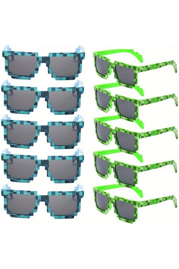 10pcs blue green 10-Pack 8-Bit Pixel Gamer Glasses, Plastic Frame Decorative Eyewear, Party Favors