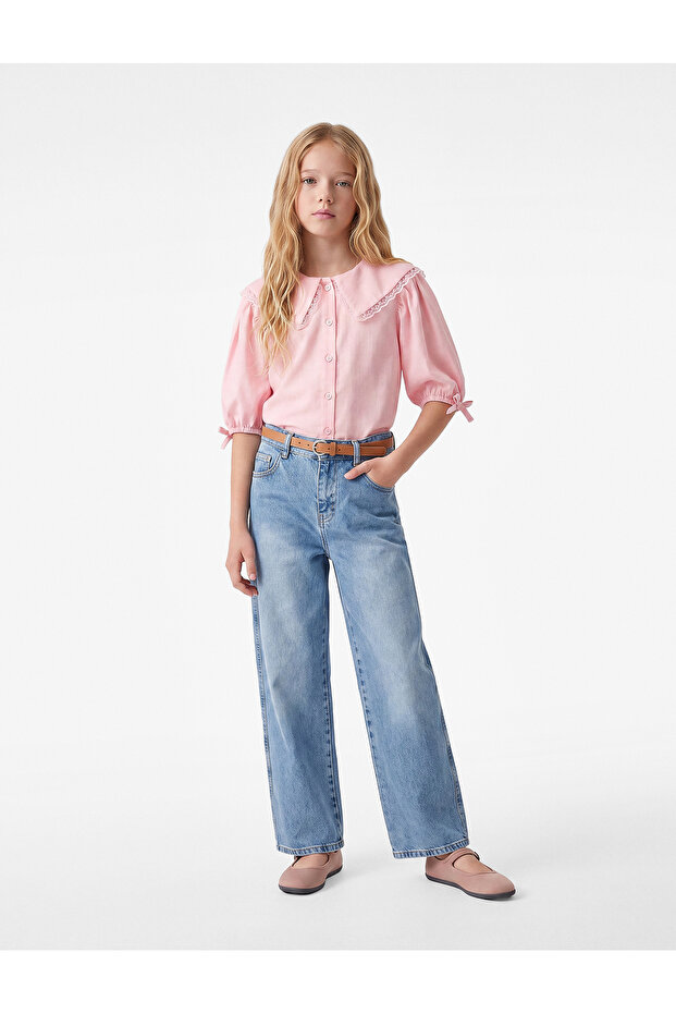 Lace Detailed Cotton Bowknot Balloon Sleeve Shirt